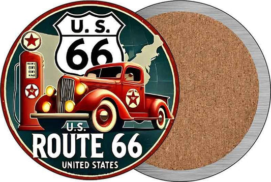 Red Truck on Route 66 Novelty Circle Coaster Set of 4