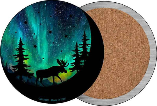 Moose Under the Northern Lights Novelty Circle Coaster Set of 4