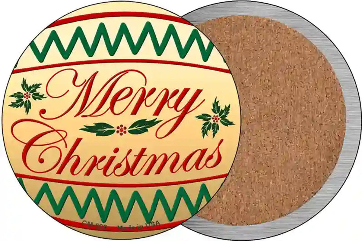 Merry Christmas Yellow Novelty Circle Coaster Set of 4