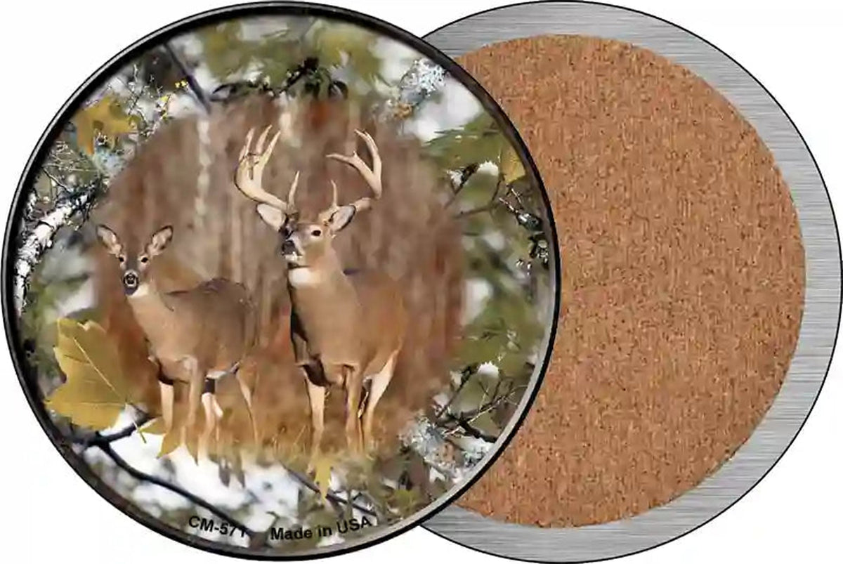 Deer On Camo Novelty Circle Coaster Set of 4