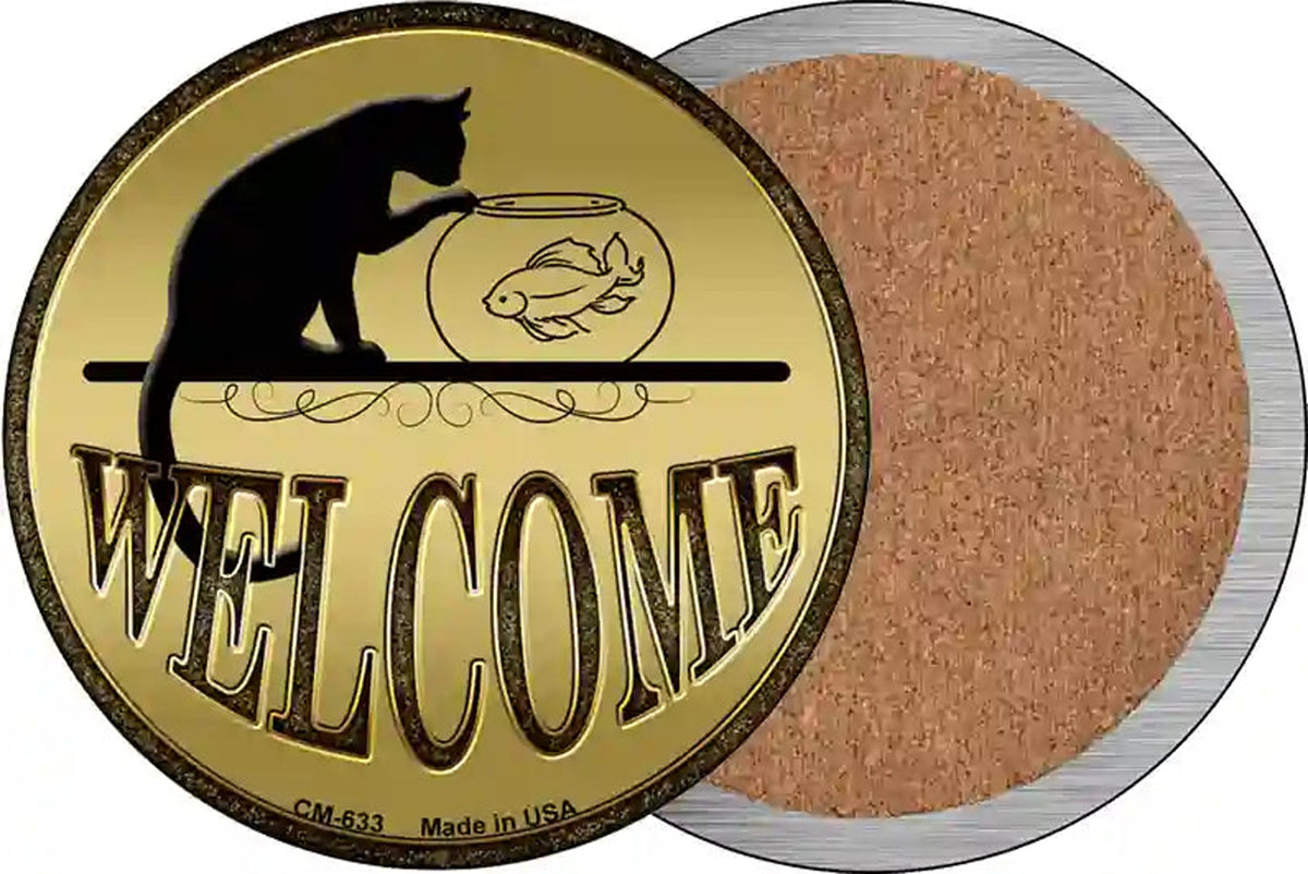 Welcome With Cat Novelty Circle Coaster Set of 4