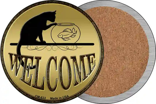 Welcome With Cat Novelty Circle Coaster Set of 4
