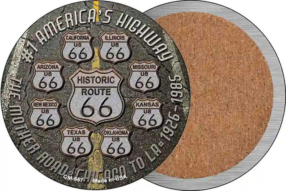 Route 66 Black Top Novelty Circle Coaster Set of 4