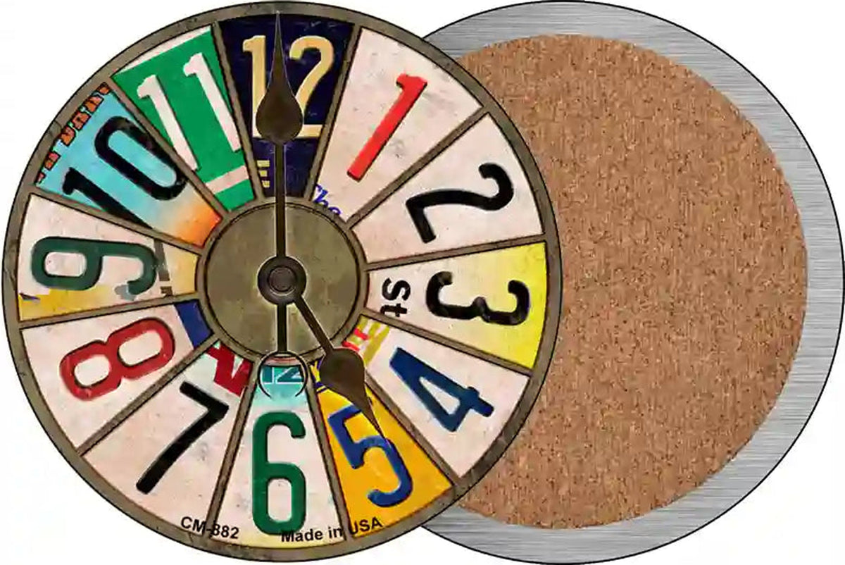 License Plate Strip Clock Novelty Circle Coaster Set of 4
