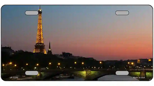 Eiffel Tower Night With River and Bridge Novelty Metal License Plate