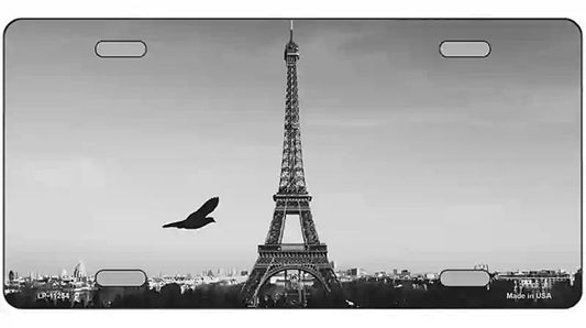 Eiffel Tower Black and White With Bird Novelty Metal License Plate