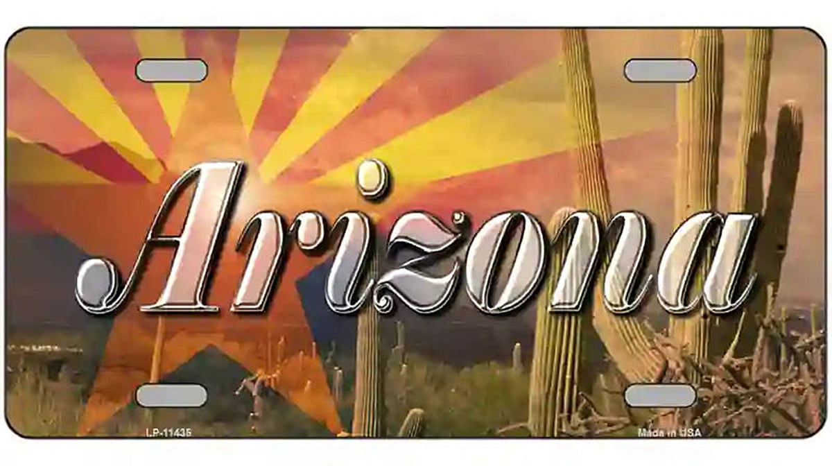Arizona State Flag Overlay On Cactus Novelty License Plate