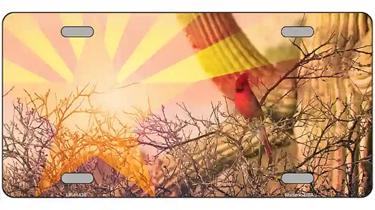 Arizona State Flag Overlay On Cardinal Novelty License Plate