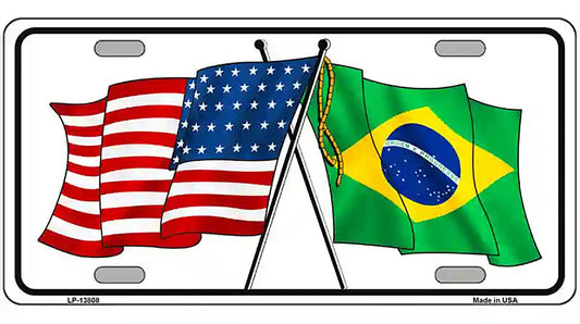 Brazil USA Crossed Flags Novelty Metal License Plate Tag
