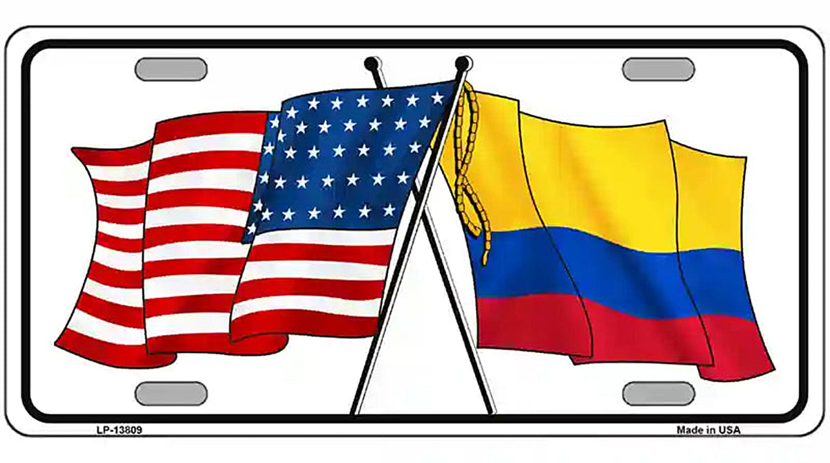 Colombia USA Crossed Flags Novelty Metal License Plate Tag