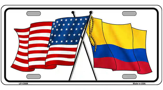 Colombia USA Crossed Flags Novelty Metal License Plate Tag