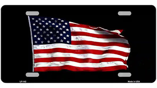 Waving American Flag Black Metal Novelty License Plate