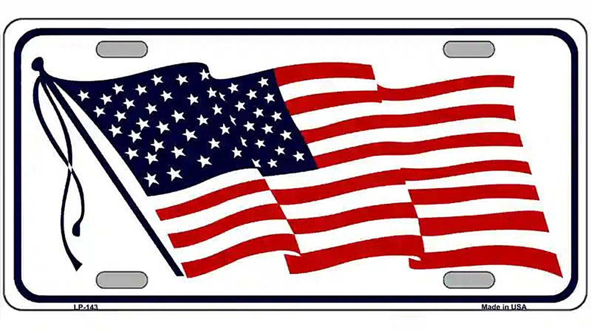 American Flag Waving White Metal Novelty License Plate