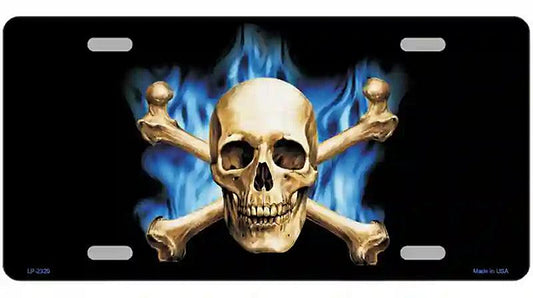 Blue Flame And Crossbones Metal Novelty License Plate