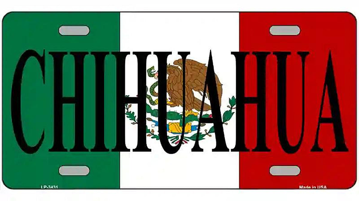 Chihuahua on Mexico Flag Metal Novelty License Plate