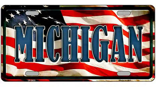 Michigan on American Flag Metal Novelty License Plate