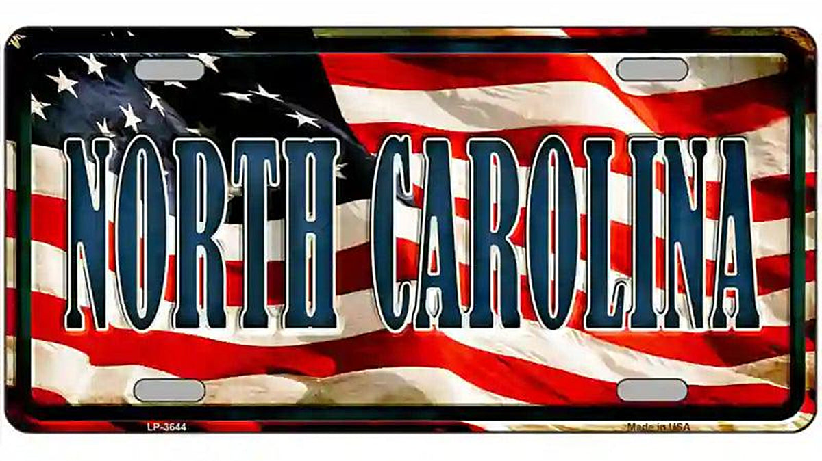 North Carolina on American Flag Metal Novelty License Plate