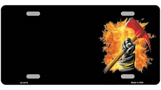 Firefighter Flaming Ax Offset Metal Novelty License Plate