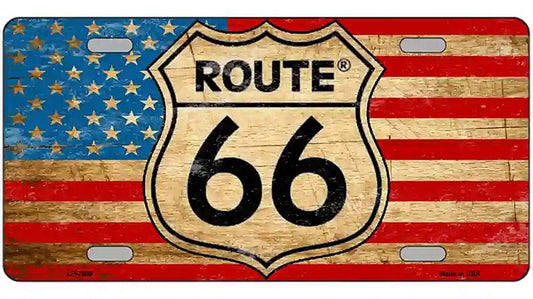 Route 66 American Flag Metal Novelty License Plate