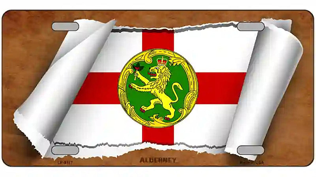 Alderney Flag Scroll Metal Novelty License Plate
