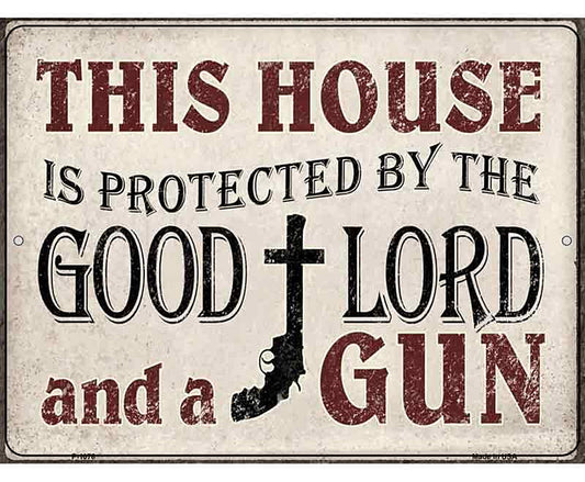Protected By The Lord And Gun Metal Novelty Parking Sign