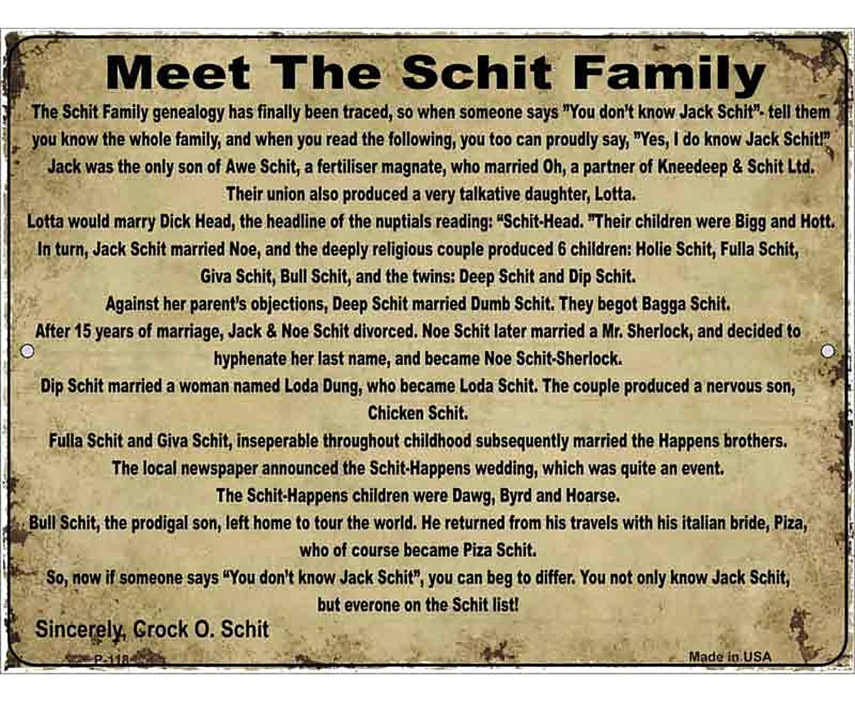 Meet The Schit Family Metal Novelty Parking Sign