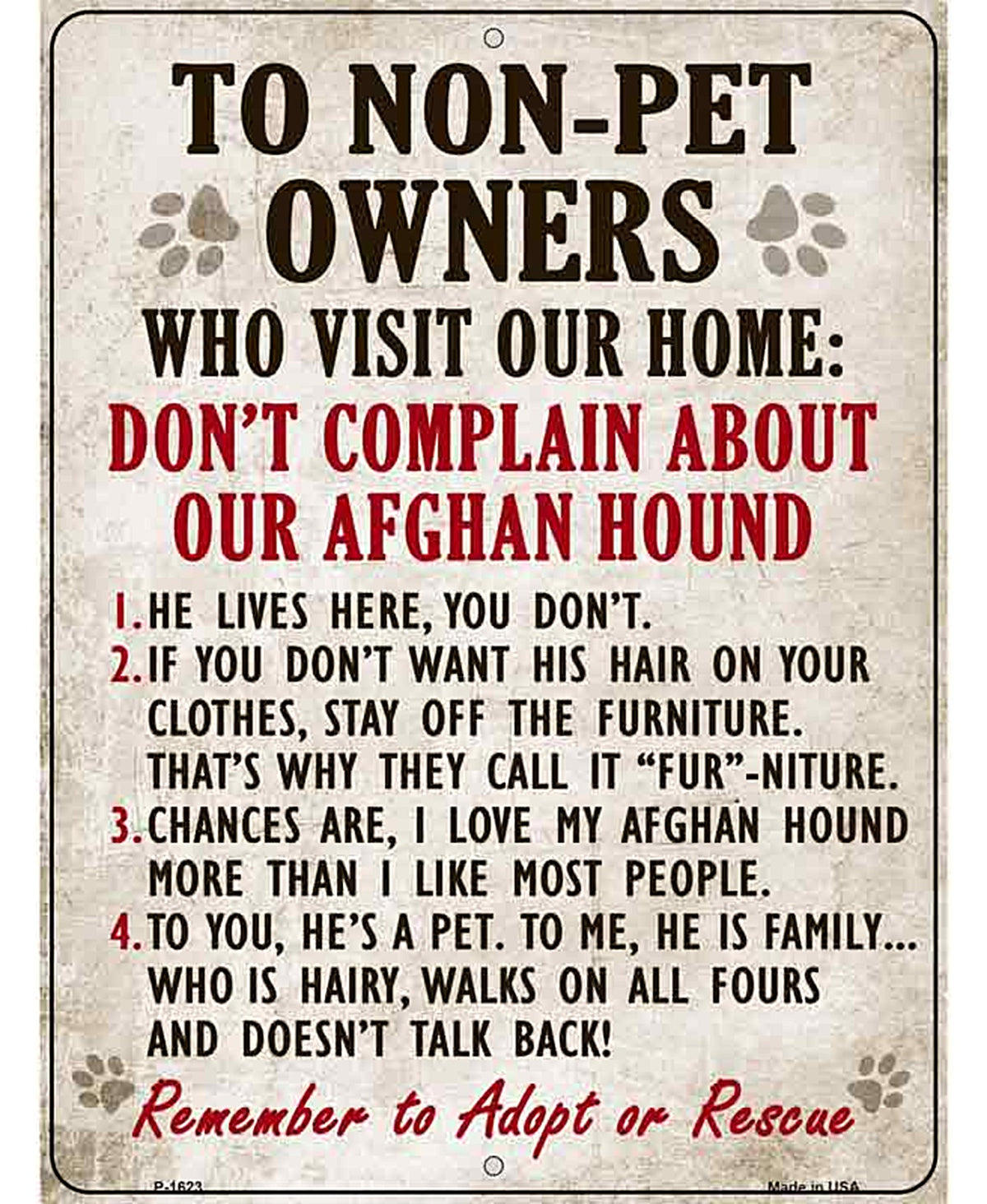 Non-Pet Owners Afghan Hound Parking Sign Metal Novelty