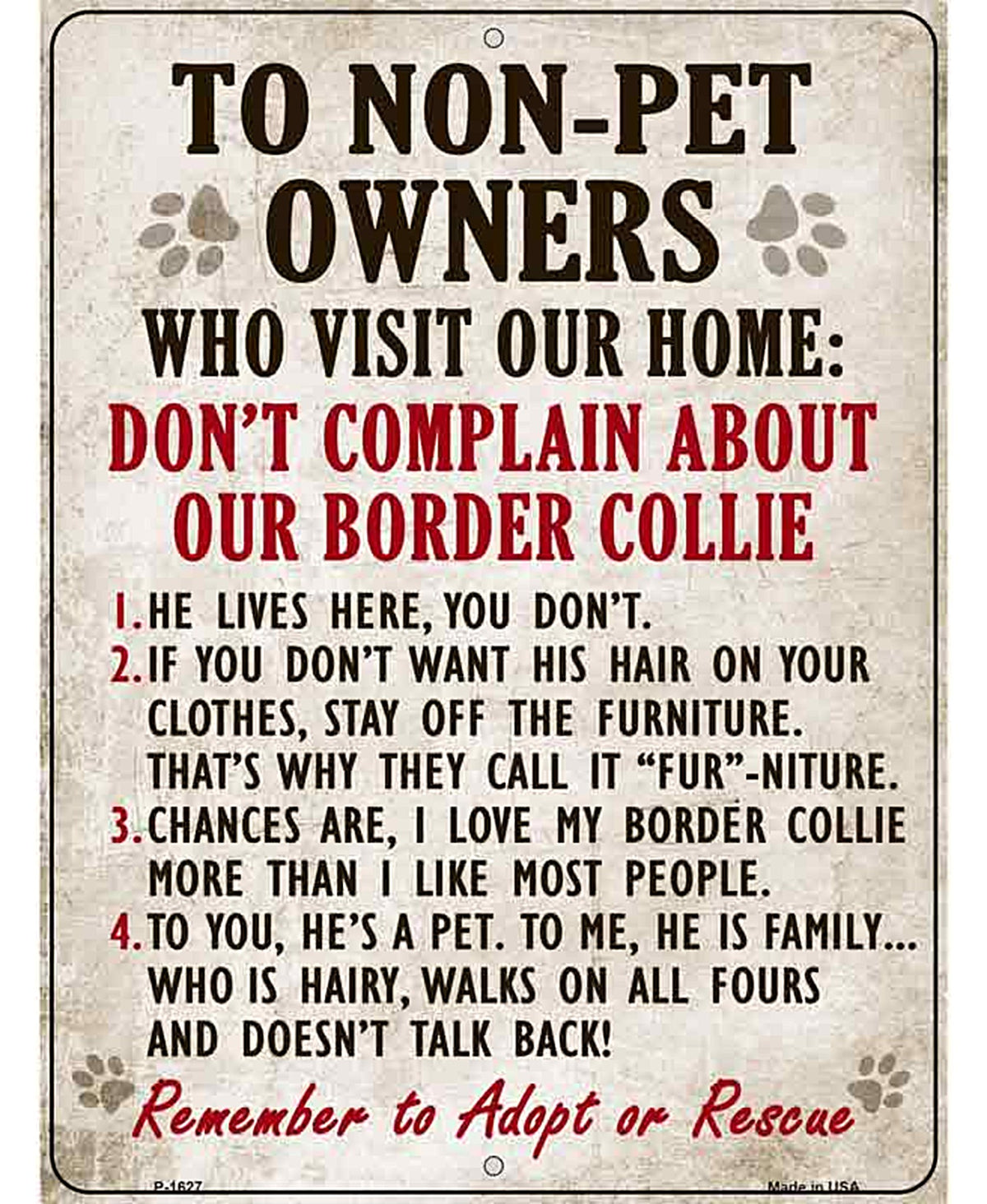 Non-Pet Owners Border Collie Parking Sign Metal Novelty