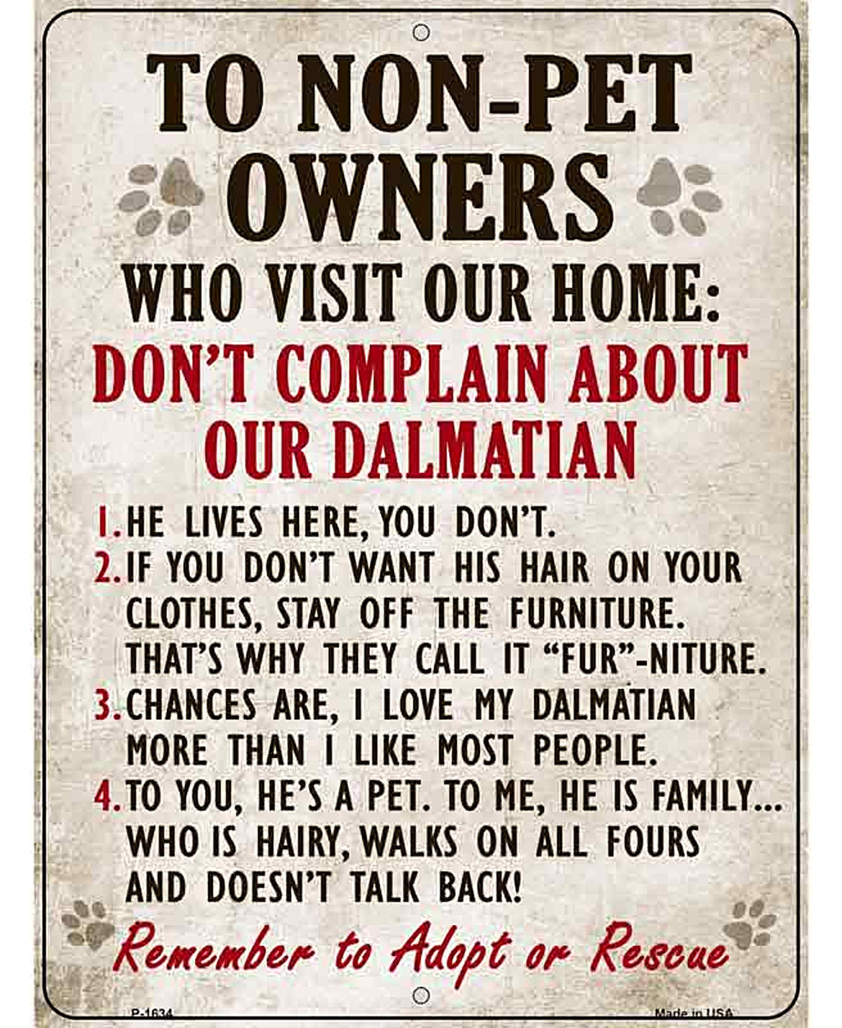 Non-Pet Owners Dalmatian Parking Sign Metal Novelty