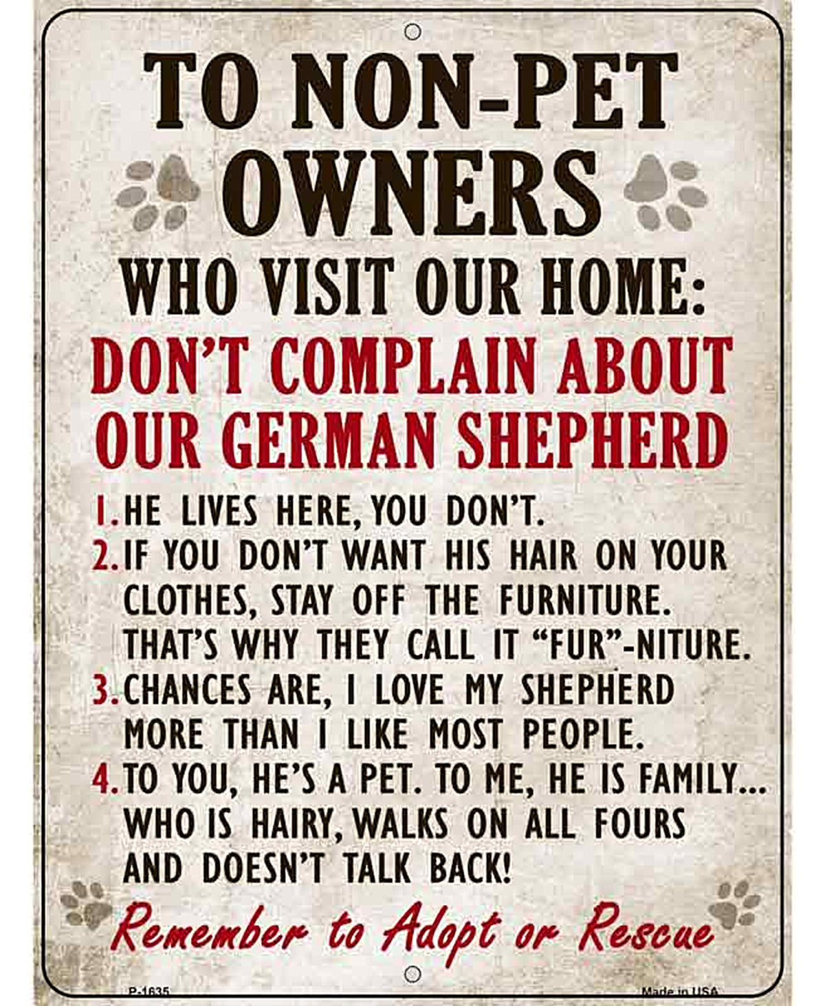 Non-Pet Owners German Shepherd Parking Sign Metal Novelty