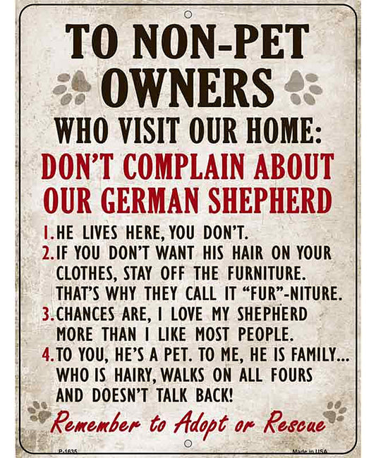 Non-Pet Owners German Shepherd Parking Sign Metal Novelty