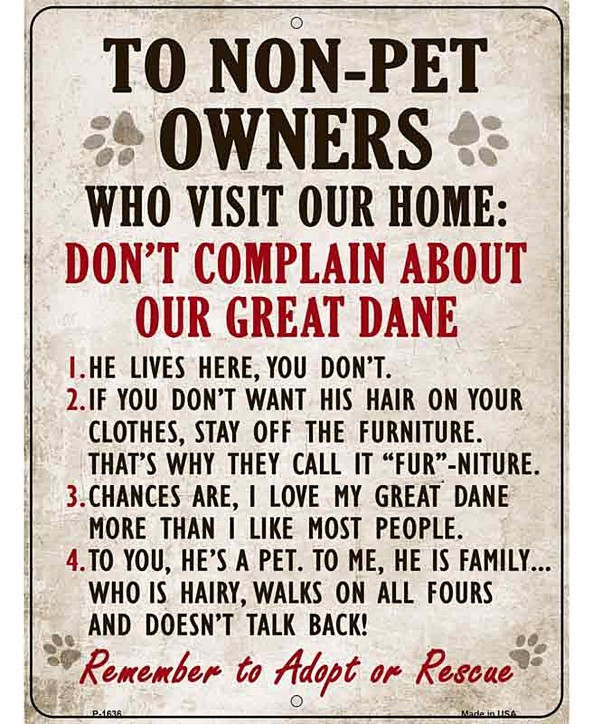 Non-Pet Owners Great Dane Parking Sign Metal Novelty