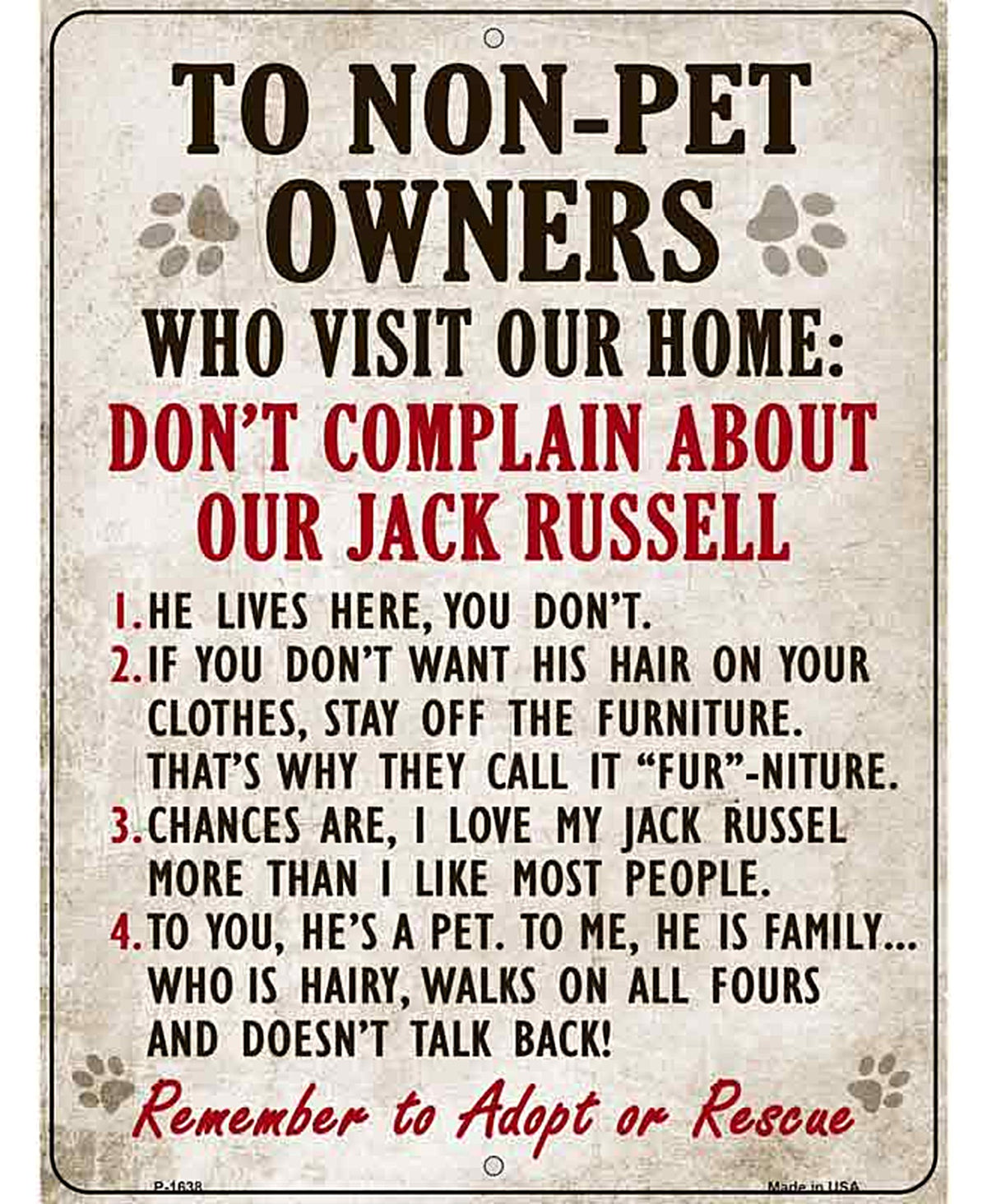 Non-Pet Owners Jack Russell Parking Sign Metal Novelty