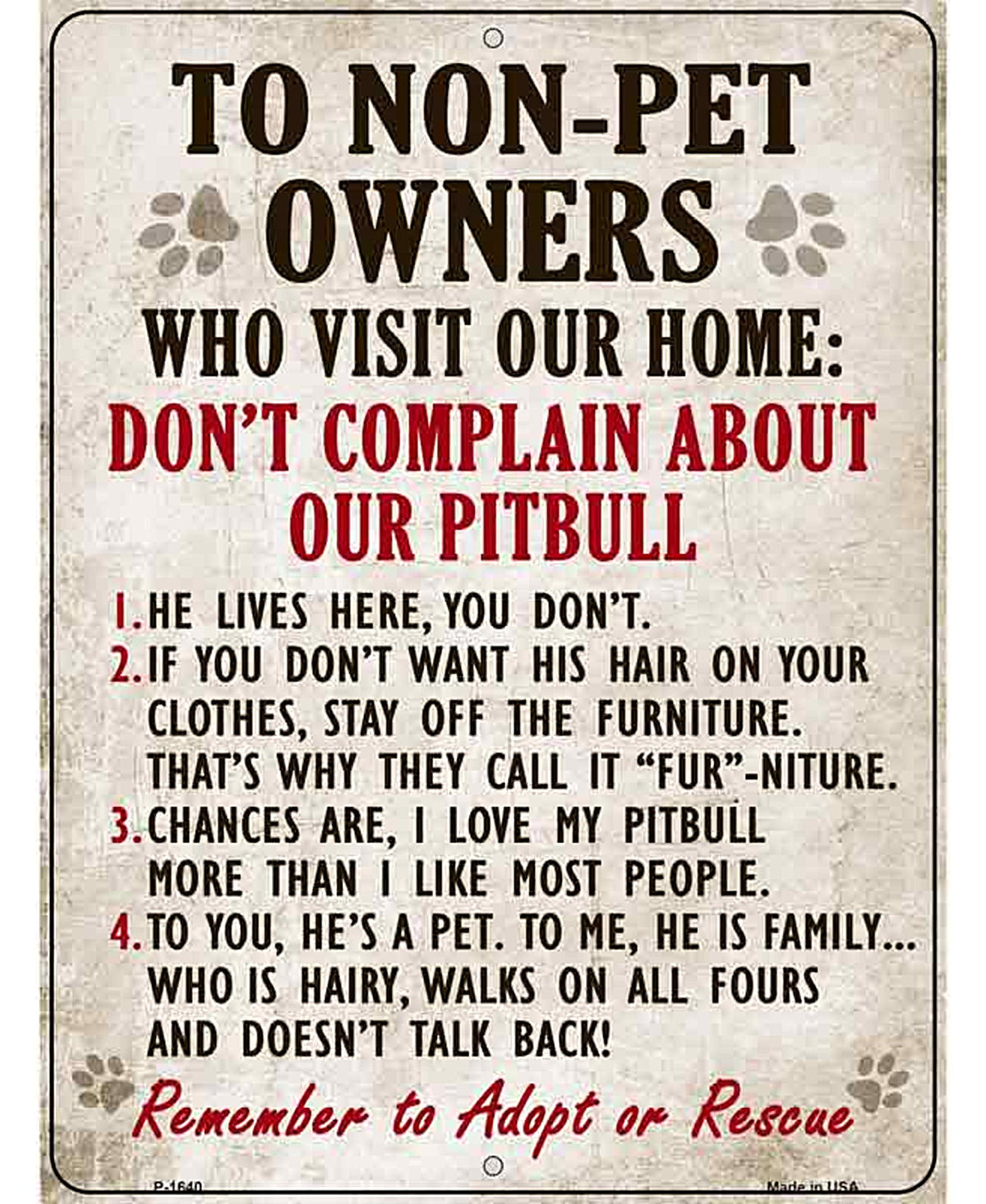 Non-Pet Owners Pitbull Parking Sign Metal Novelty