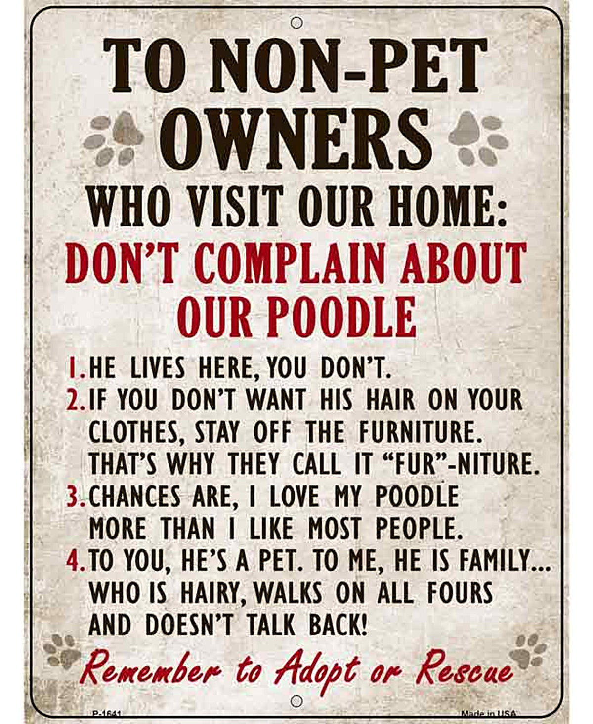 Non-Pet Owners Poodle Parking Sign Metal Novelty