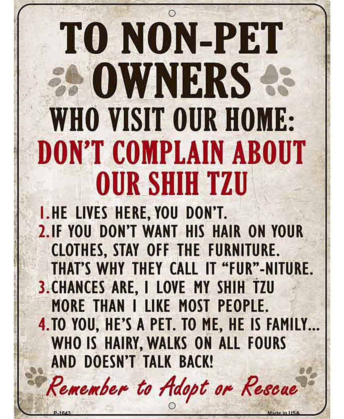 Non-Pet Owners Shih Tzu Parking Sign Metal Novelty