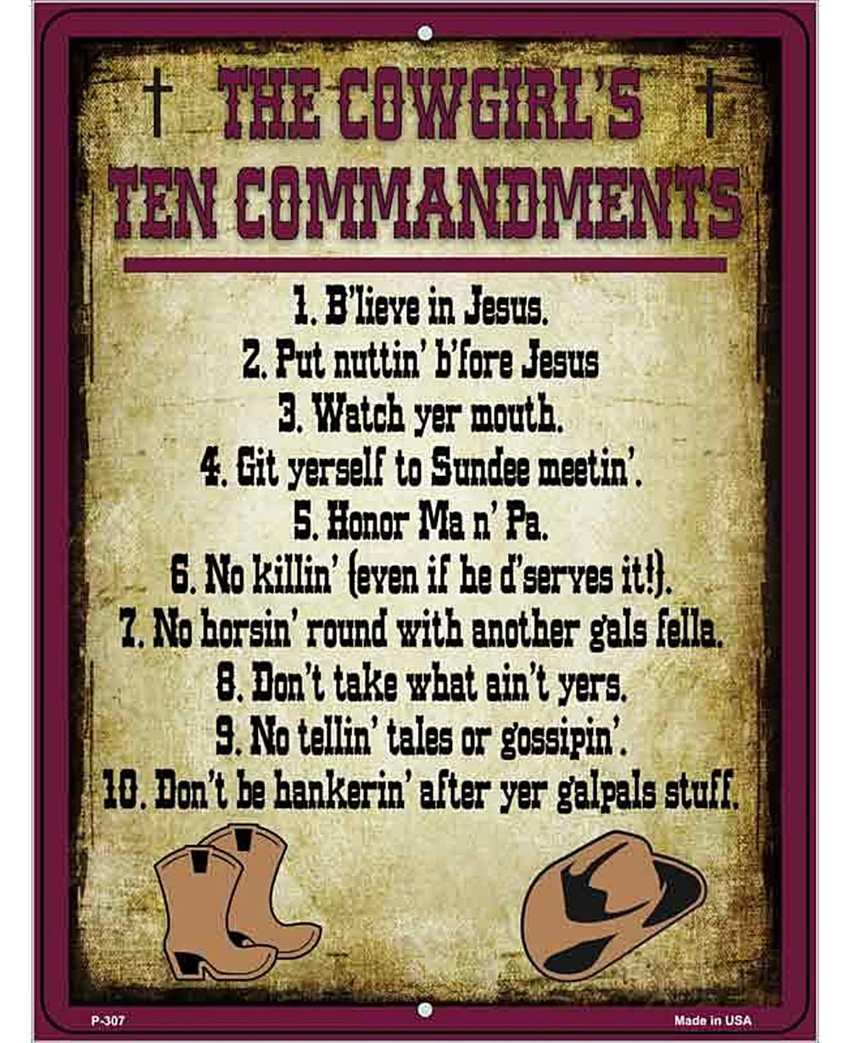 Cowgirls Ten Commandments Vertical Metal Novelty Parking Sign
