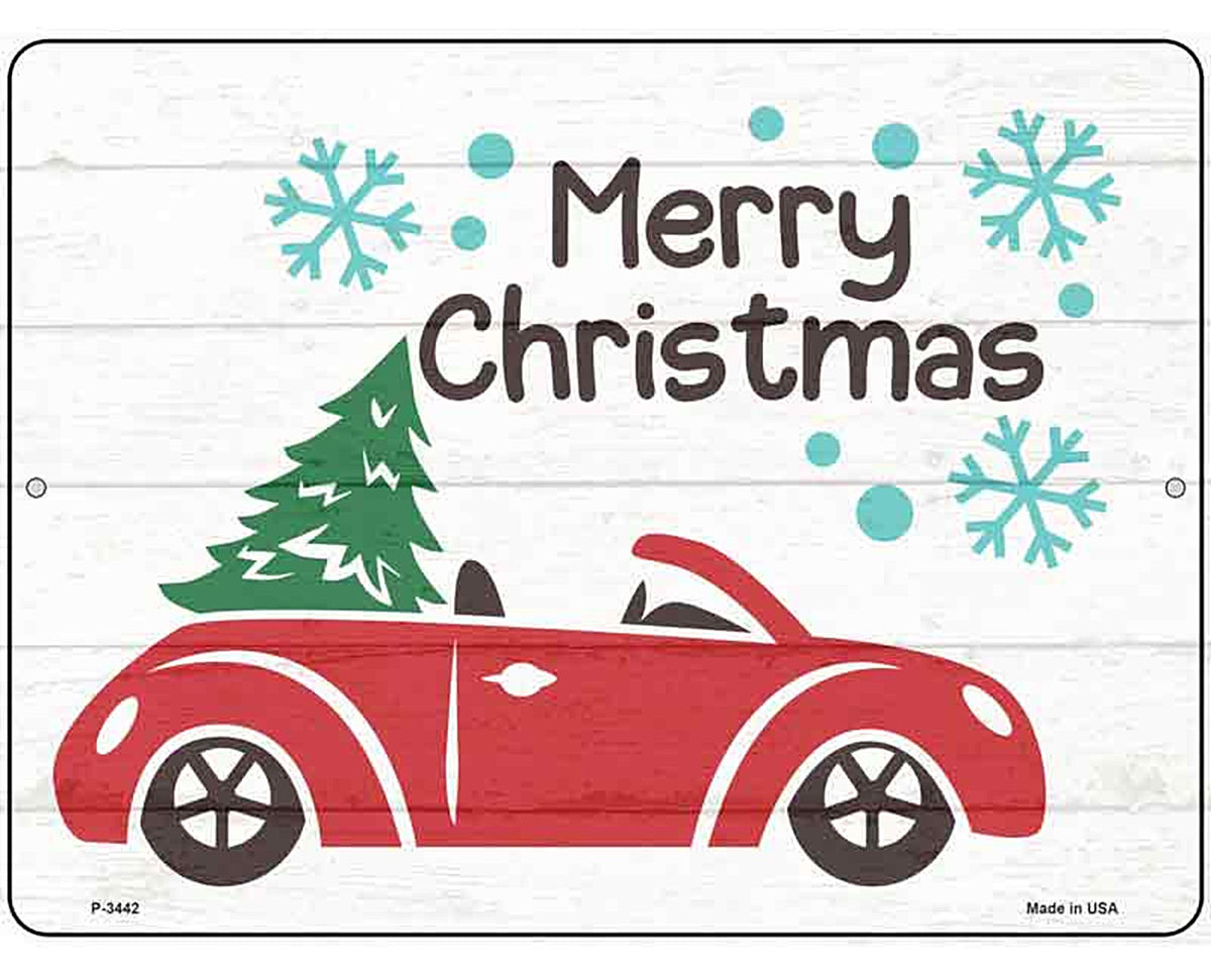 Merry Christmas Car Hauling Tree Novelty Metal Parking Sign