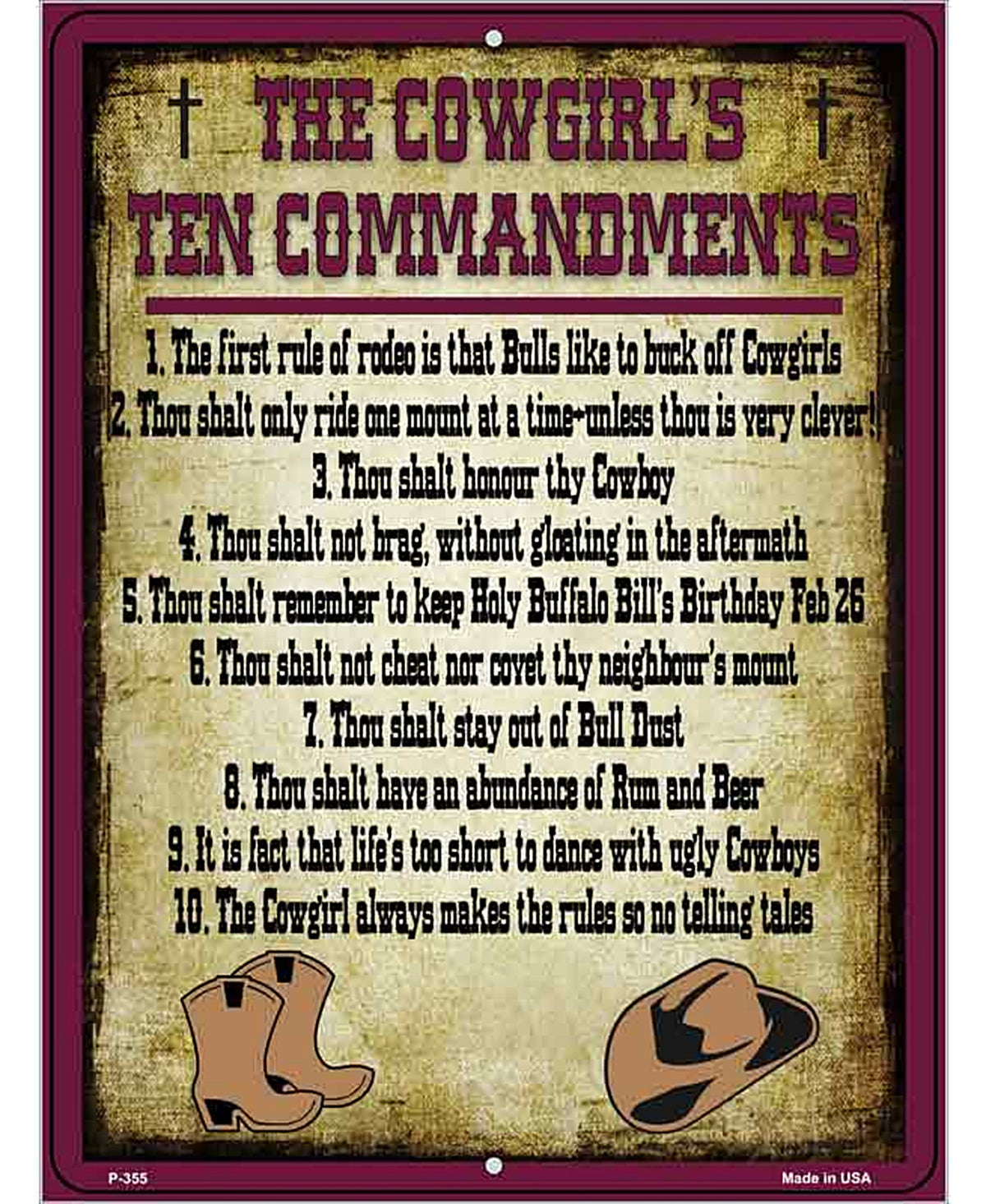 Cowgirls Ten Commandments Maroon Novelty Metal Parking Sign