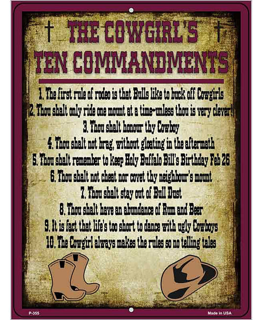 Cowgirls Ten Commandments Maroon Novelty Metal Parking Sign