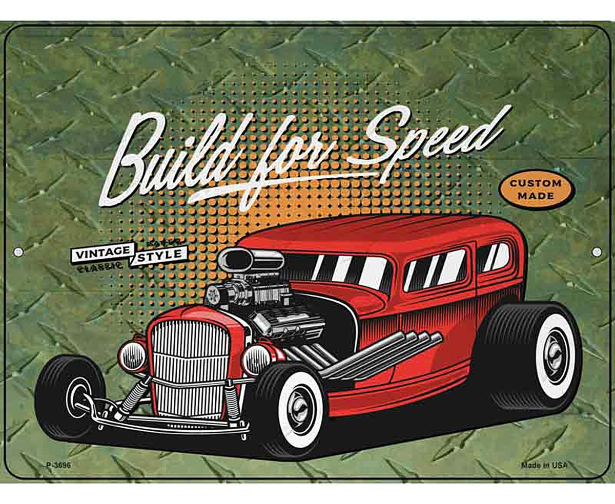 Build For Speed Red Hotrod Novelty Metal Parking Sign