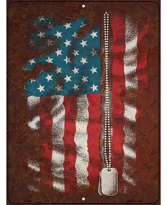 American Flag With Dog Tags Novelty Metal Parking Sign