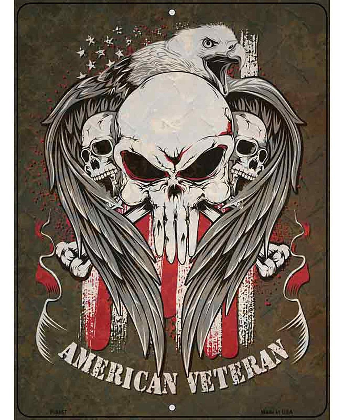 Skulls American Veteran Novelty Metal Parking Sign