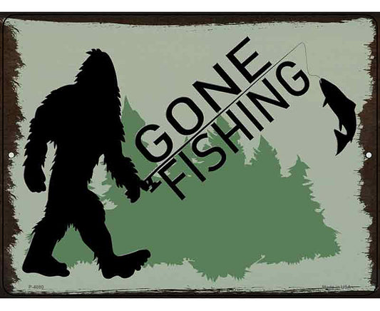 Bigfoot Gone Fishing Novelty Metal Parking Sign