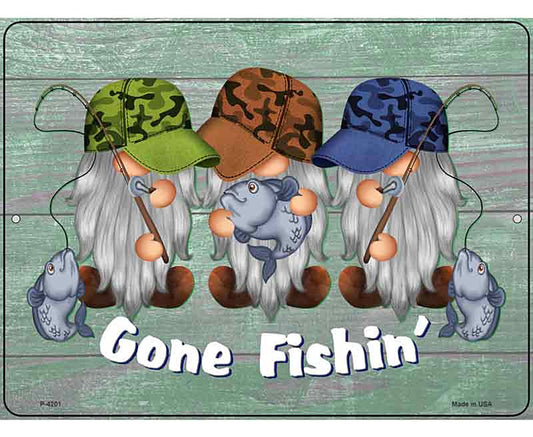 Gone Fishing Three Camo Gnomes Novelty Metal Parking Sign