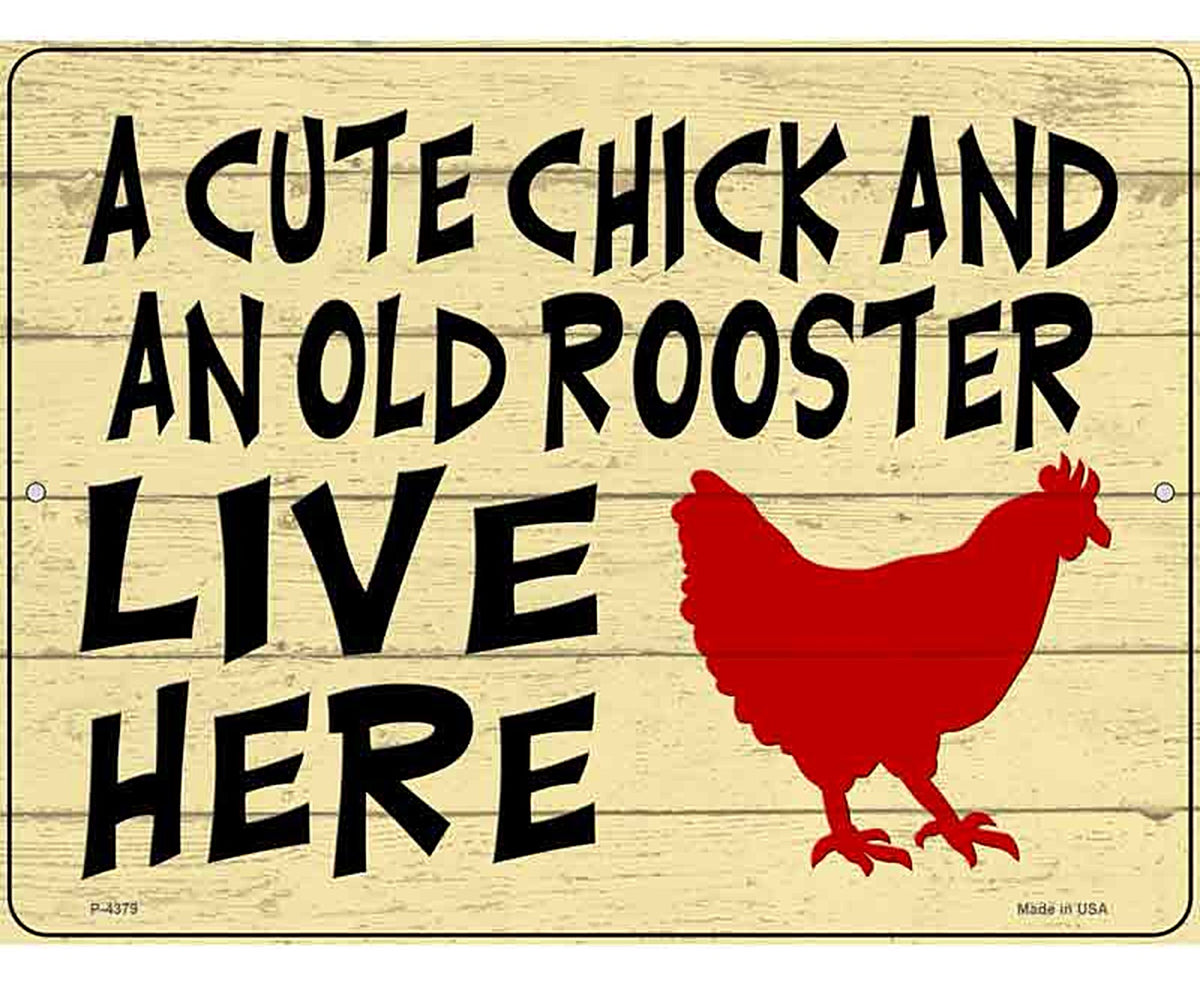 Cute Chick Old Rooster Live Here Novelty Metal Parking Sign
