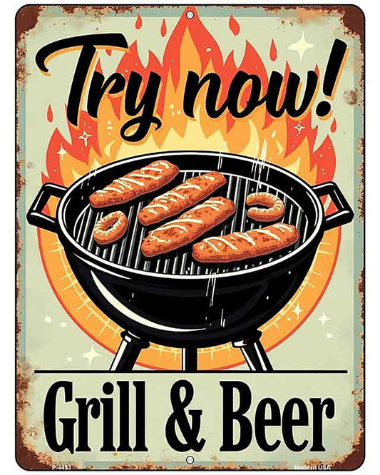 Try Now Grill and Beer Metal Novelty Parking Sign P-4453