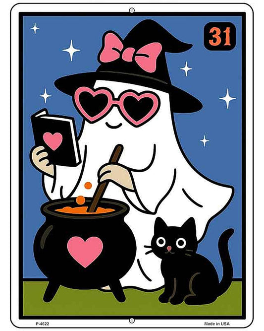 Ghost Witch with Cauldron Metal Novelty Parking Sign P-4622
