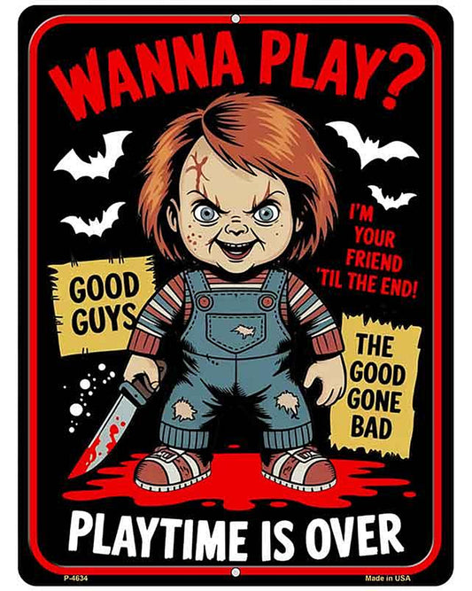 Wanna Play Chucky Metal Novelty Parking Sign P-4634