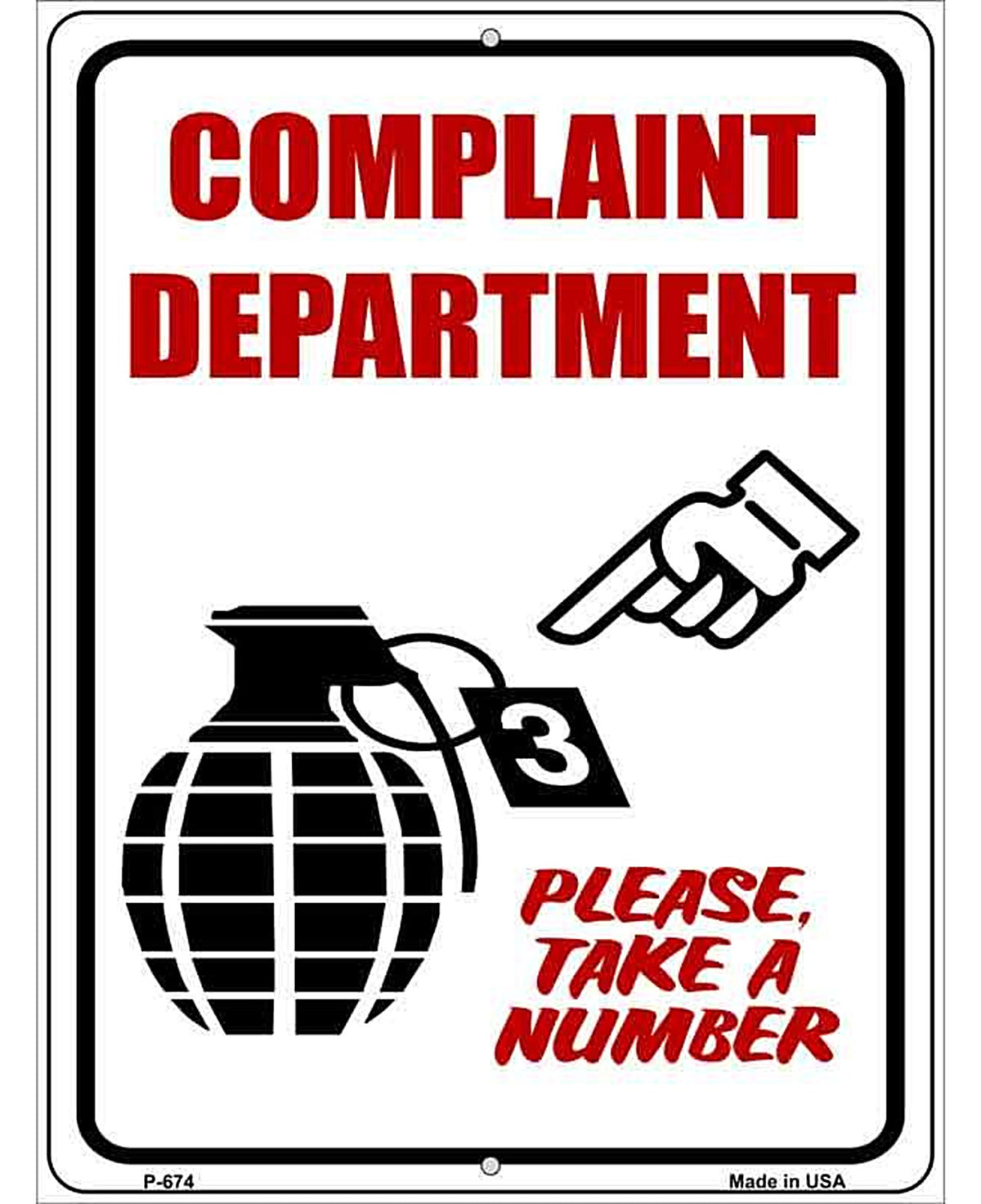 Complaint Department Metal Novelty Parking Sign